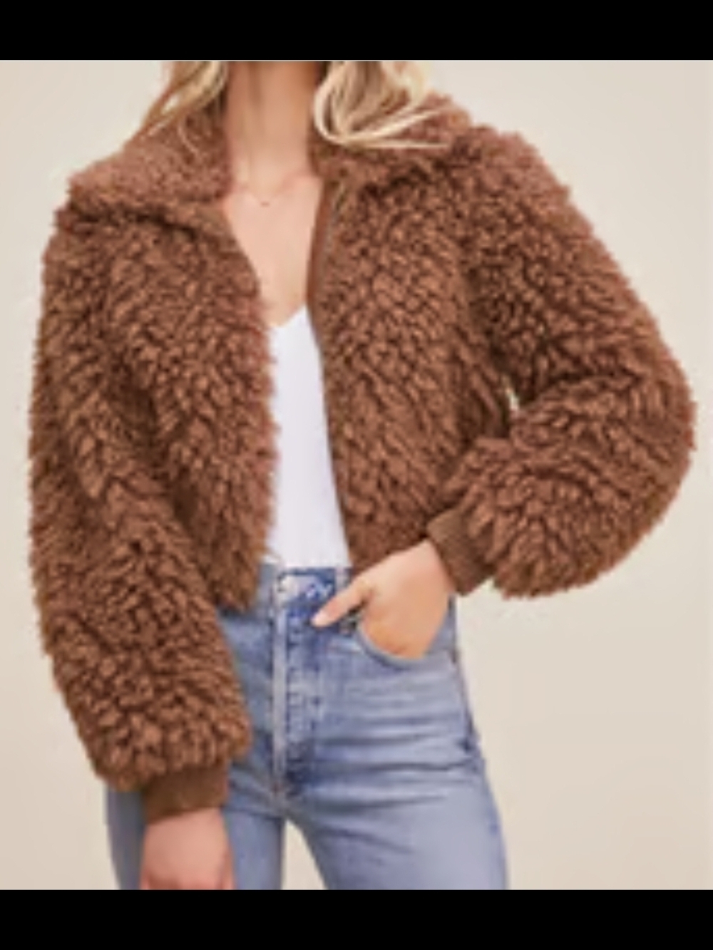ASTR Faux Fur Open Zip Front Crop Jacket Womens Size S Brown Teddy Bear
